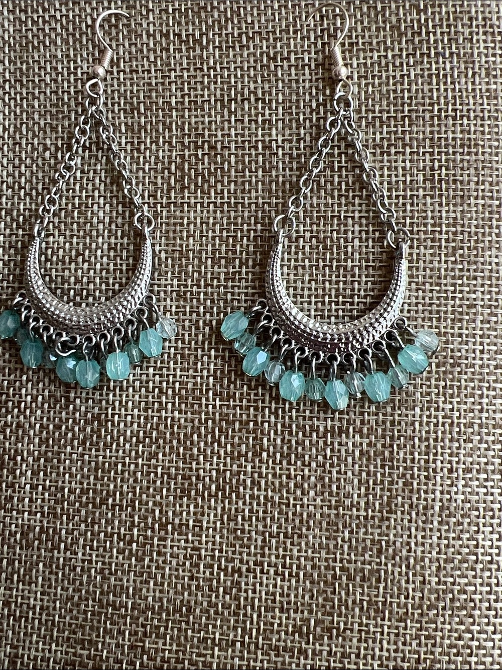 Silver Teardrop Earrings with Aqua Beads - Women Jewelry